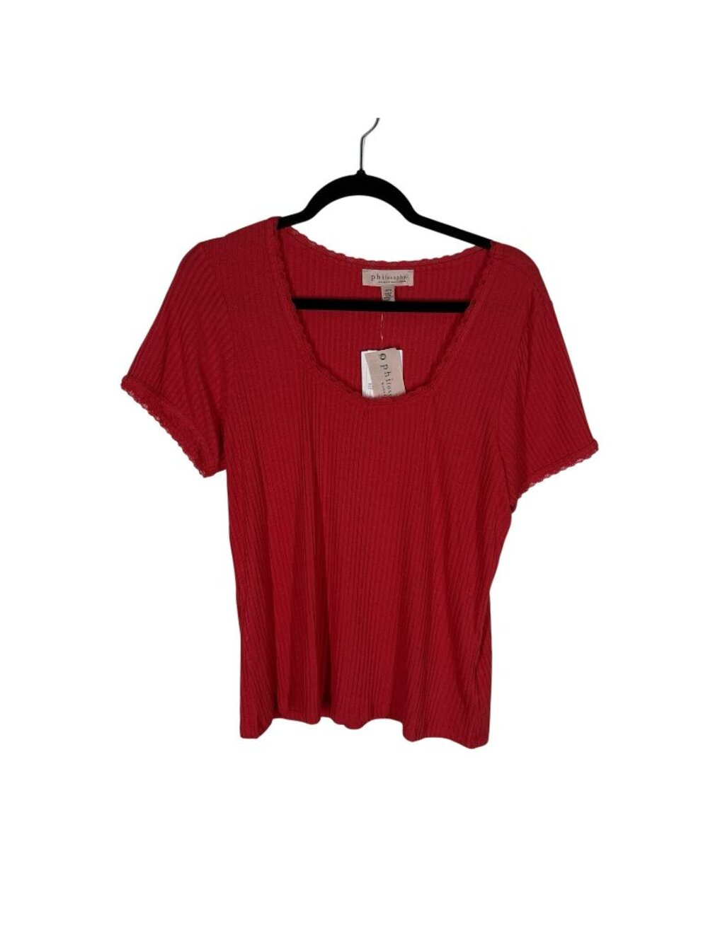 Philosophy Woman Plus 1X Red Modal Blend Short Sleeve Lace Trim Ribbed Top NWT